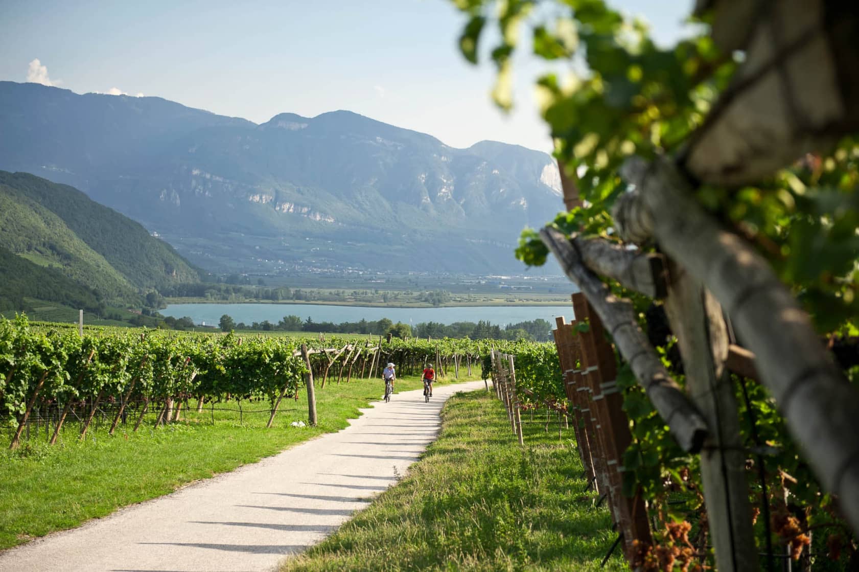 Die mediterranen Talradwege in Südtirols Süden, etwa entlang der Südtiroler Weinstraße, führen zum beliebten Weinbaugebiet rund um den Kalterer See.